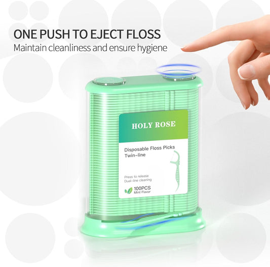 Holy Rose Dental Floss Dispenser and Flossers Storage Case Combo - with 100 Floss Picks and 200 Refillable - Mint Flavor,Twin Line Desig, for Organizing and Dispensing Dental Floss Stick Container