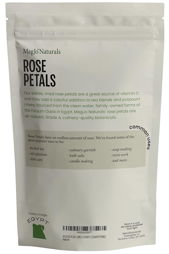 MagJo Naturals Red Rose Petals, Dried, Culinary Grade A, Harvested from Faiyum Oasis in Egypt (4 oz)