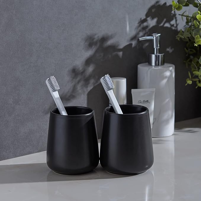 Matte Black Toothbrush Holders for Bathroom - 2Pcs Ceramic Tooth Brushing Holder Set, Toothpaste Holder, Reusable Toothbrush Mouthwash Cups, Space-Saving Design for Bathroom Countertop