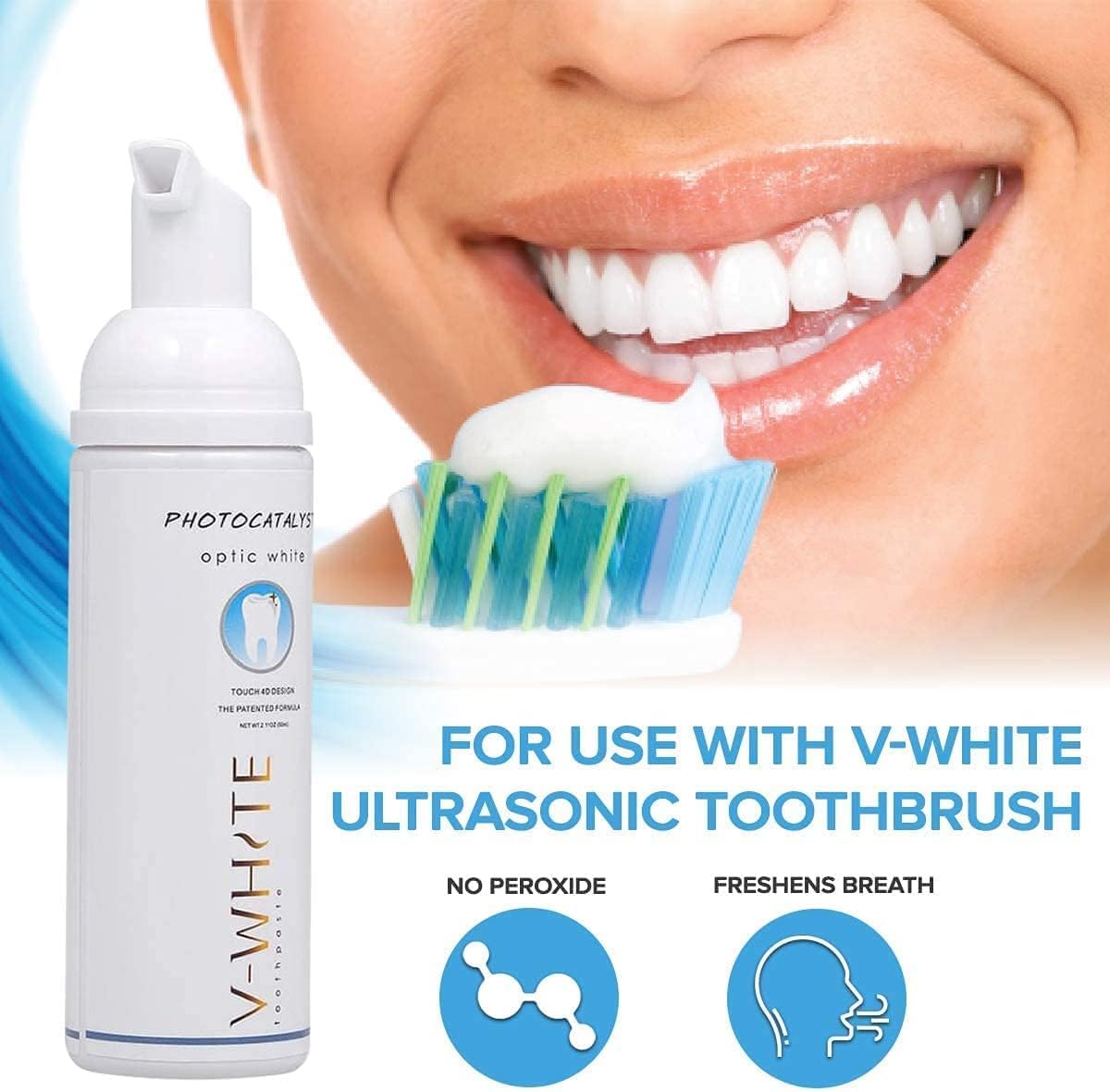 V-White Foam Teeth Whitening Toothpaste - Organic Toothpaste Fluoride Free, Alcohol Free, pH Balanced - Deep Cleansing, Stain Removal, Travel Friendly, for Kids & Adults (Large, Natural)