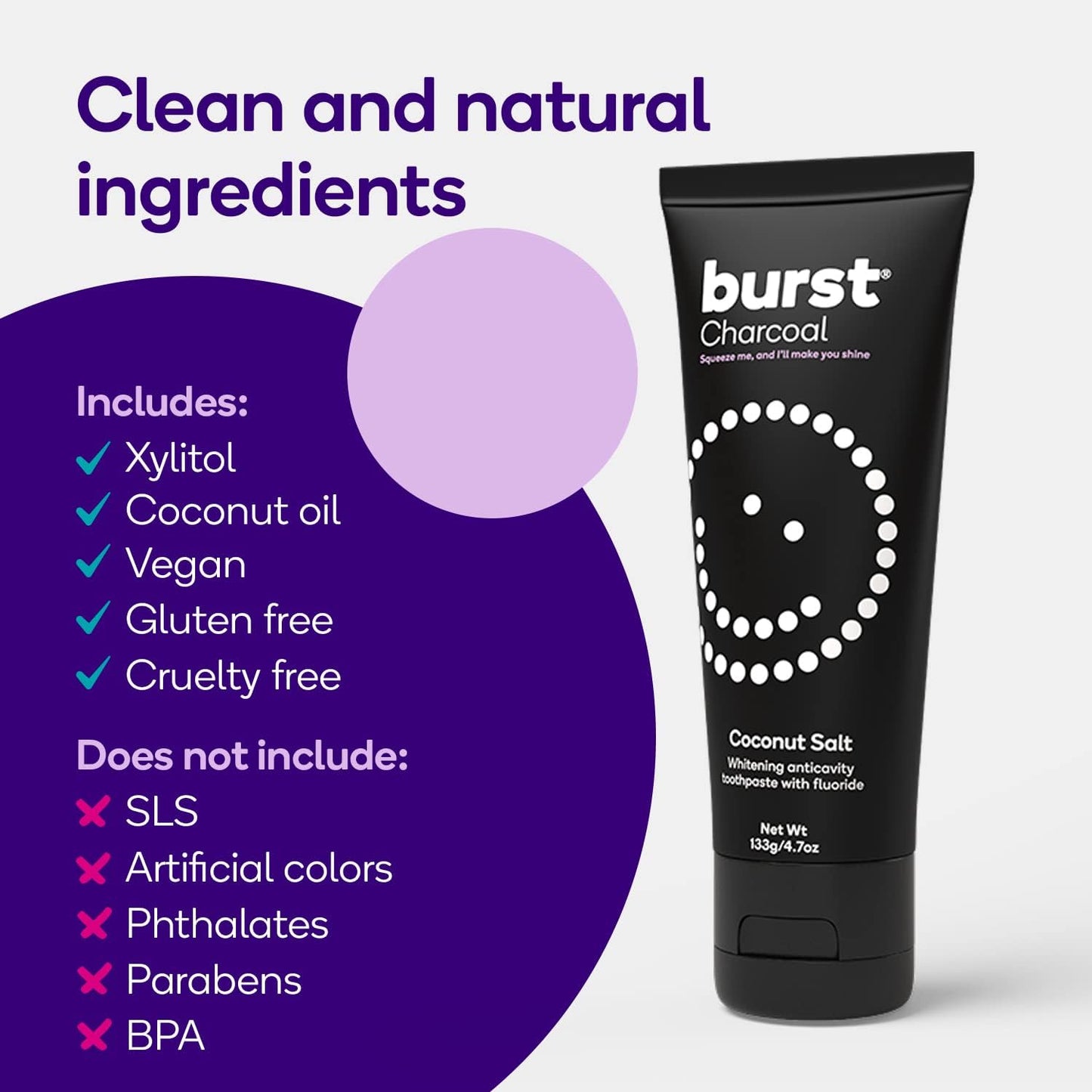BURST Charcoal Whitening Toothpaste for Adults (4.7oz/2 Pack) | for Sensitive Teeth with Cavity Fighting Fluoride & Xylitol | Vegan | Gluten & SLS Free | Coconut Salt