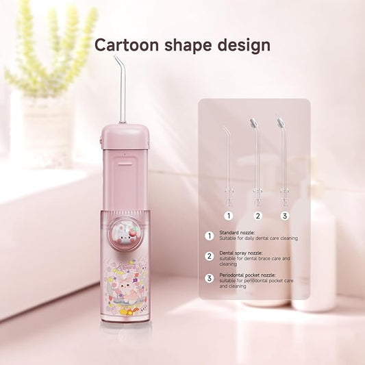 Kids Water Flosser,3 Modes Cordless Portable Water Teeth Cleaner,4 Replaceable Nozzles,IPX7 Waterproof Oral Irrigator Rechargeable,Professional Flossing Cleaning Picks for Home Travel (Pink)