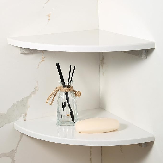 Koville 2 Pcs White Marble Corner Shower Shelf for Bathroom, 10'' Polished Marble Corner Shelves for Bath, Wall Mounted Stone Corner Shower Caddy, No Drilling Adhesive Shower Shelf