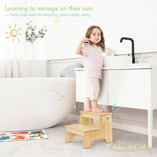 Forbena Wooden Bathroom Step Stool for Toddlers, Heavy Duty Kids 2 Step Stool for Bathroom Sink Kitchen Counter, Bamboo Wood Non-Slip Baby Children Potty Stepping Stool Seat with Handles for Toilet