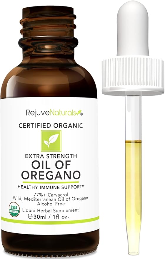 RejuveNaturals Extra Strength Oil of Oregano, USDA Organic, 1 fl oz (30ml Liquid) Wild, Mediterranean Oregano Oil. Concentrated Immune Support Drops. Gluten Free, Vegan & Non-GMO. Min 77% Carvacrol