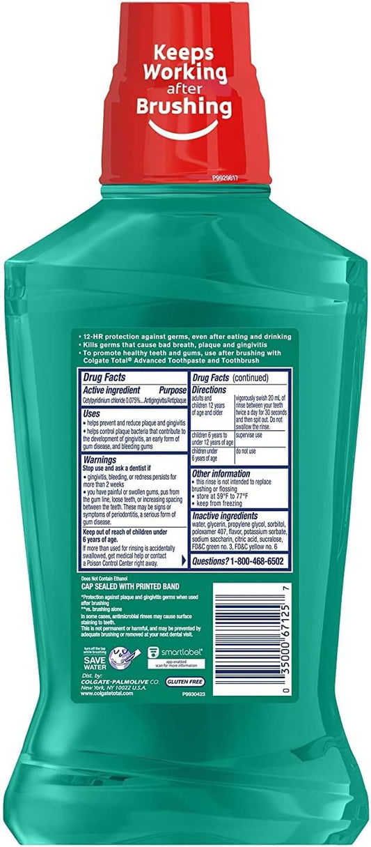 Colgate Total Pro-Shield Alcohol Free Mouthwash, Antibacterial Formula, Spearmint - 500 mL, 16.9 Fluid Ounce (6 Pack)
