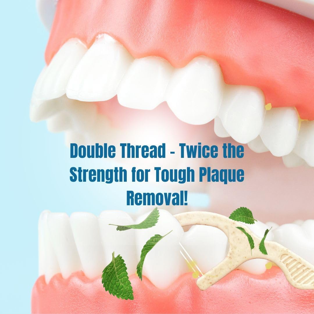 Twin Line Biodegradable Floss Picks (220 Count) - Compostable Tooth Flossers Minty Fresh-Double Thread 2X The Clean | Bonus Travel Case | Thing Thread Glide Easy & Shred-Resistant