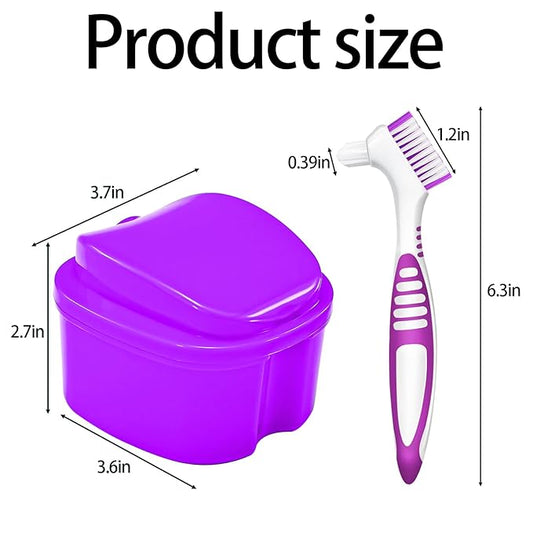 Denture Bath Case Denture Cleaning Cup with Brush Set, 2 Pack False Teeth Container Denture Storage Bath Box Case Retainer Holder Case with Strainer Basket and Lid Waterproof - Purple & Black