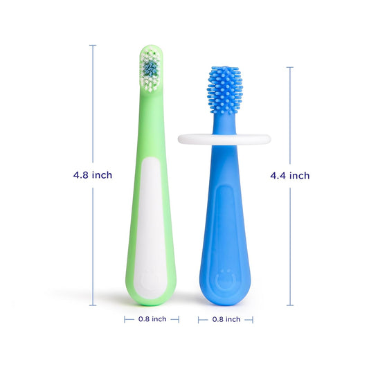 Ubbi Grow with Me Toothbrush Training Set for Babies and Toddlers, Includes One 360° Food-Grade Platinum Silicone and One Soft Bristled Toothbrush, Polaris Blue and Zest Green