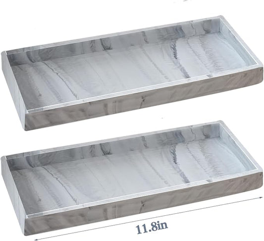 2PCS 11.8” L x 5” W Silicone Soap Dispenser Tray, Bathroom Sink Vanity Trays for Dresser Tops, Toilet, Small Tray for Scrubber, Lotion Bottles, Perfume, Jewelry, Candle, Key Trinket Ring-White Marble