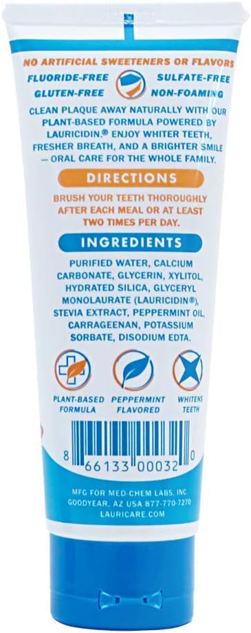 Lauricidin All-Natural Toothpaste - Plant-Based, Fluoride-Free, SLS-Free Made with The Power of Lauricidin for Superior Cleaning and Natural Whitening- Large 5.5 oz Tube