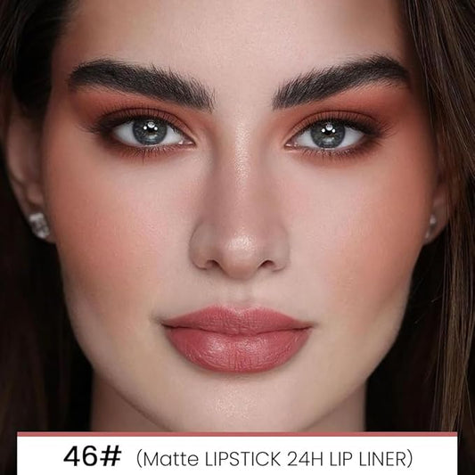 Kaely 2-in-1 Nude Pink Velvet Matte Lip Liner & Lipstick Combo Set Kit for Women, Magic 24 Hours Lipstick and Lip Liner Makeup Set Stain Long Lasting Waterproof labial 46