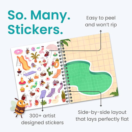 CUPKIN The Life of Busy Bugs Sticker Book, Toddler Sticker Book for Kids, Fun Bugs Toy, Road Trip Essentials, 300+ Girly Stickers with 8 Sticker Scenes and Coloring Pages, Ages 2+