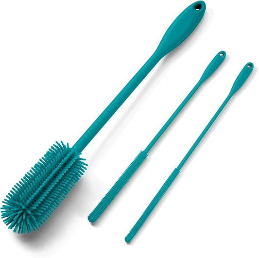 3-in-1 Silicone Bottle Brush and Straw Cleaning Brush Set, Water Bottle Cleaner for Narrow Neck Containers, Tumblers, Flask, Vase and Glassware (Turquoise)
