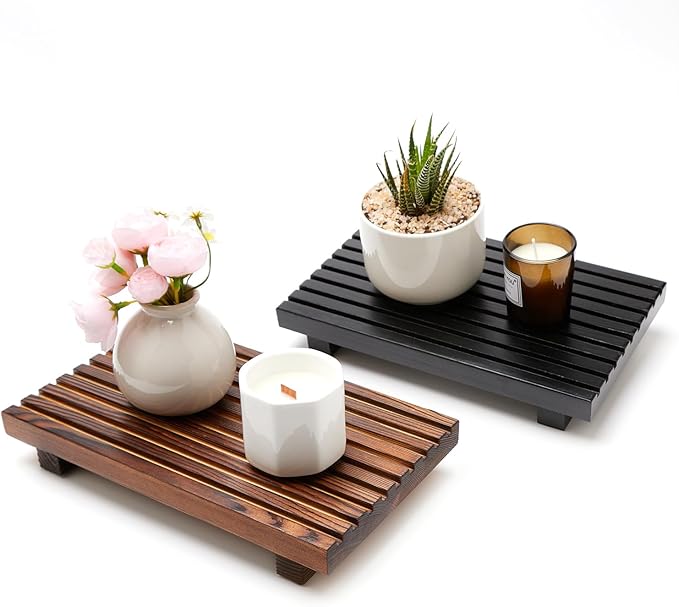 Renawe Farmhouse Bathroom Counter Tray Wood Display Pedesta Stand Kitchen Countertop Trays Decorative Wooden Riser Dish Soap Dispenser Holder for Bathroom Sink Accessories Kitchen Decor Vanity Tray