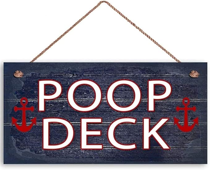 Nautical Wood Sign Fun Poop Deck Sign Weathered Navy Blue Bathroom Nautical Sign Beach Decor with Red Anchors 12x6inches(1061qq)