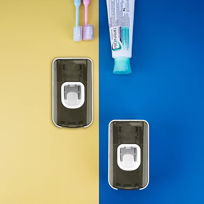 2 Slot Toothbrush Holder and Toothpaste Dispenser Wall Mounted, Automatic Toothpaste Squeezer, 2 in 1 Tooth Brush Toothpaste Organizer for Shower (Grey 2Pack)