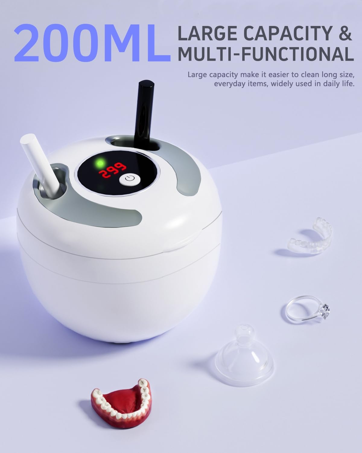 Dental Ultrasonic Retainer Cleaner Machine 45kHz, UV Denture Cleaner with 4 Modes Digital Timer, Portable 200ML UltraSonic Cleaning Pod for Night Mouth Guard, Aligner, Braces, Jewelry and More-White