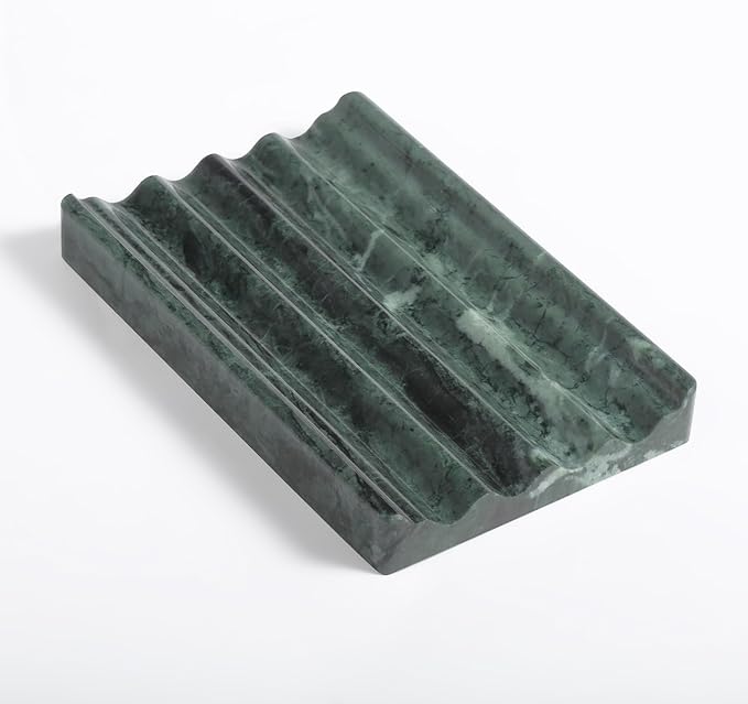 Marble Soap Dish, Soap Holder for Shower, Green Bar Soap Holder with Water Ripple Design, Easy Cleaning Stone Soap Saver for Kitchen Sink,Bathroom, Executive Indian Natural Stone Soap Tray