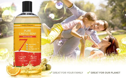 Seven Minerals Pure Castile Soap, Sweet Orange 16oz - No Palm Oil, GMO-Free - Gentle Liquid Soap For Sensitive Skin & Baby Wash - All Natural Vegan Formula with Organic Carrier Oils