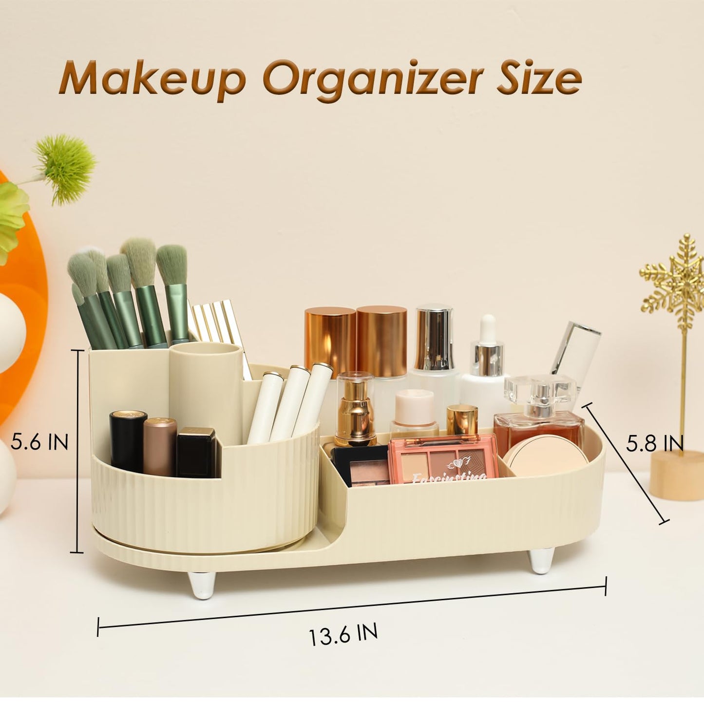Makeup Organizer Countertop Rotating Makeup Organizer for Vanity Large Capacity Cosmetic Display Case with Makeup Brush Holder Cosmetic Organizer Countertop(Cream)