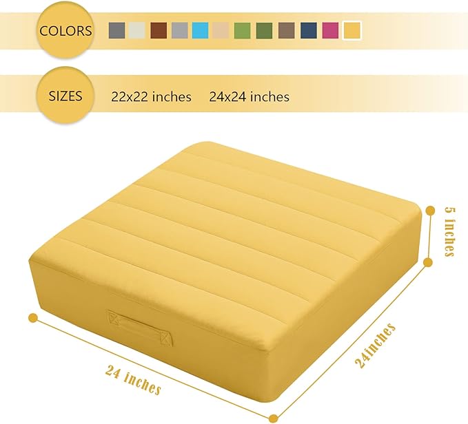MeMoreCool Large Square Floor Pillow, Yellow Meditation Cushion with Thick Foam and Soft Tufted Washable Cover, Big Floor Seat for Adults, Kids, Sitting, and Yoga, 24-Inch