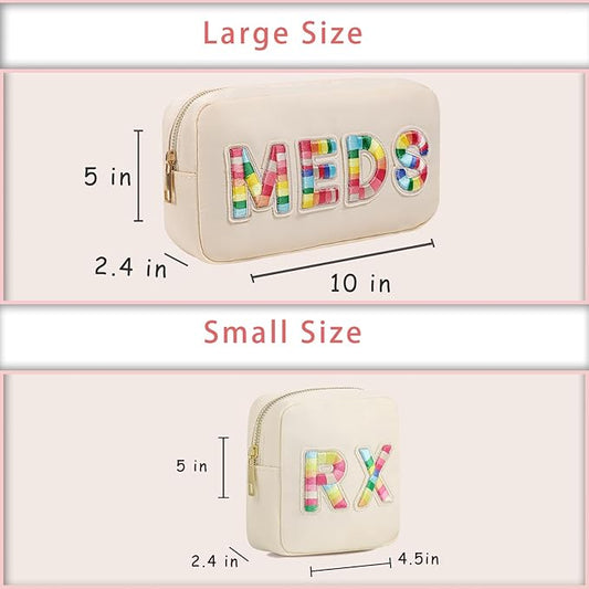 2Pcs Chenille Letter Patch Nylon Medicine Makeup Bag Set,Cute MEDS Travel Makeup Bag with Metal Zipper, First Aid Purse Organizer Cosmetic Bag for Women and Girls(MEDS and RX)