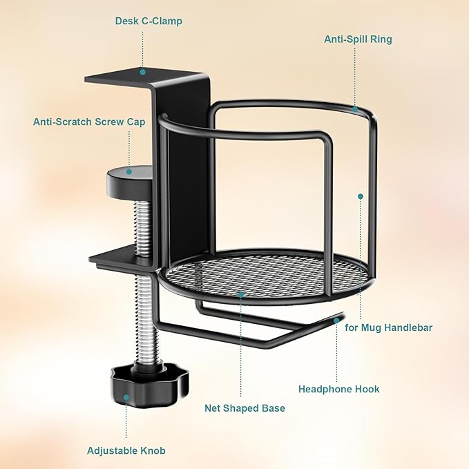 2-in-1 Desk Cup Holder,Anti-Spill Table Water Bottle Holder,Clamp On Table Stainless Steel Drinking Holder,Compatible with Universal Cups/Bottles/Mugs/Cans/Tumblers/Thermoses/Glass,1 Pack