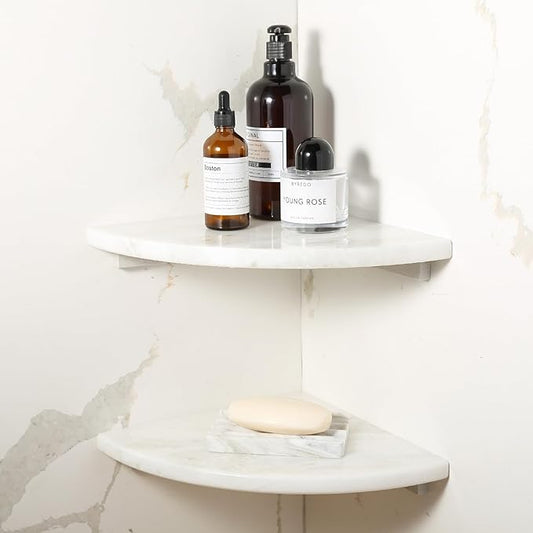 Koville 2 Pcs White Marble Corner Shower Shelves for Bathroom, 10'' Polished Marble Corner Shelves, Wall Mounted Stone Corner Shower Caddy, No Drilling Adhesive Shower Shelf - Namib Fantasy