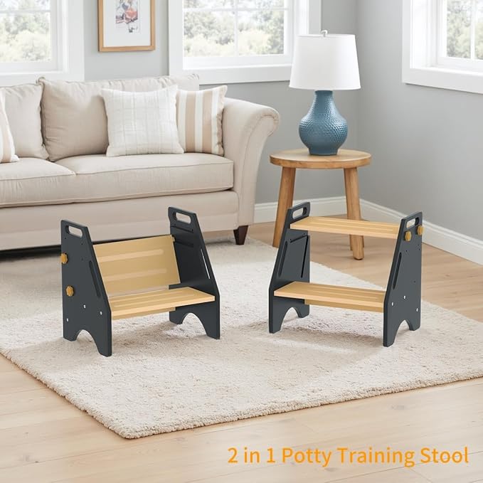 Toddler Step Stool, Wooden Height-Adjustable 2 Step Stool for Kids, 2 in 1 Potty Training Stool with Safety Handles Non-Slip Pads for Bathroom Sink, Kitchen, Bedroom (Grey)