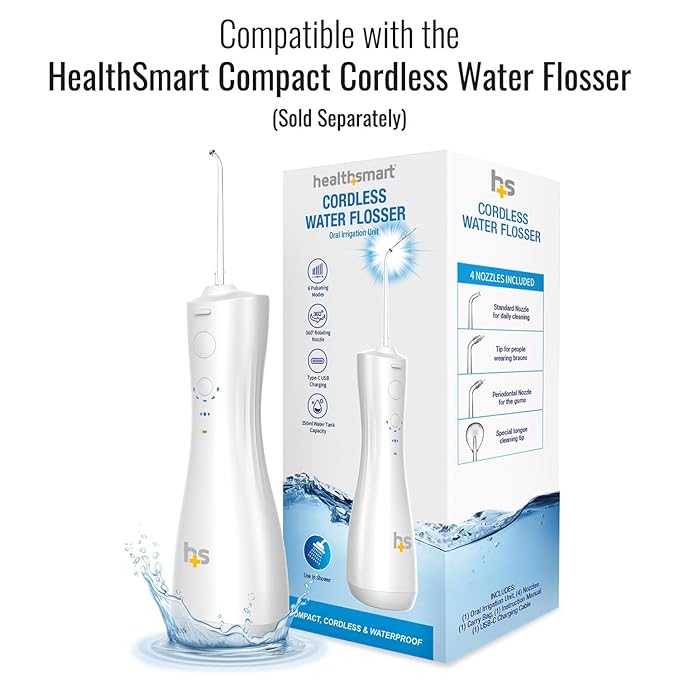 Replacement Tips for B0BTQT6PST HealthSmart Compact Cordless Water Flosser, 4 Pack, Includes (1) Standard, (1) Orthodontic, (1) Tongue Cleaner, (1) Periodontal Replacement