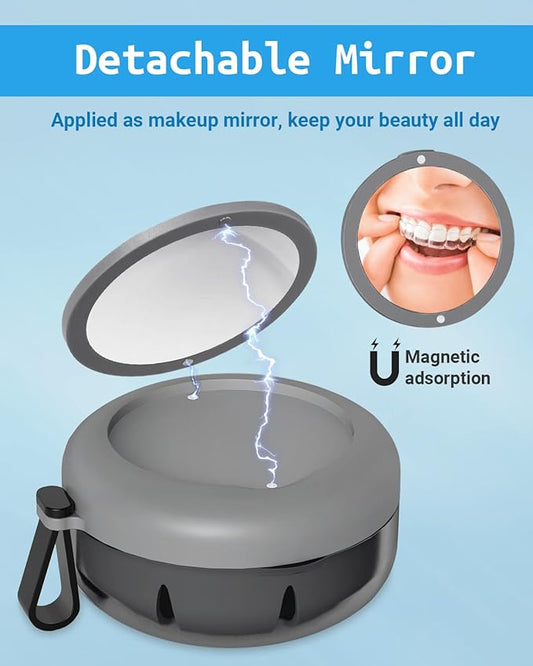 Denture Bath Case, Denture Cup, Leak Proof Portable Retainer Case, Denture Cleaning Kit with Cleaner Brush, Denture Box with Strainer & Mirror, Denture Case for Aligner Retainer Mouth Guard (Gray)