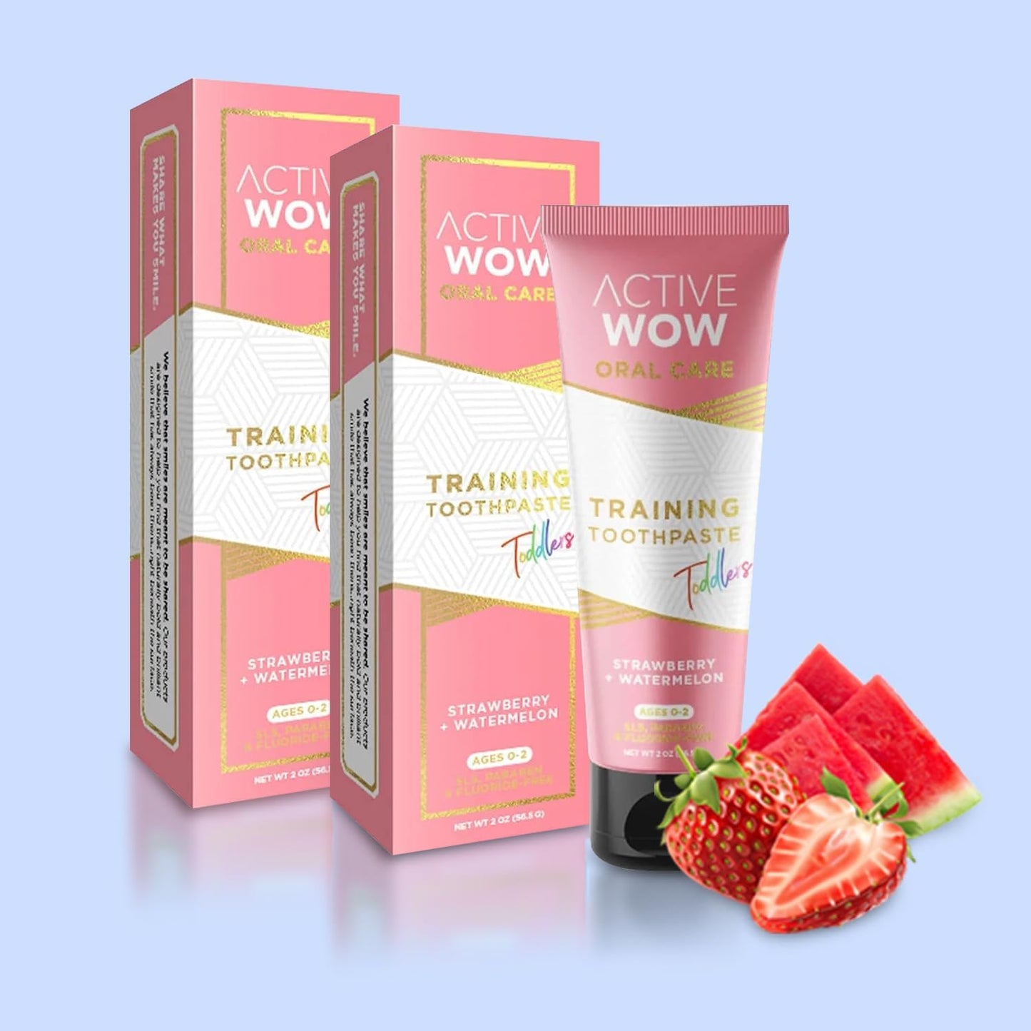 Active Wow Training Toothpaste – Fluoride-Free, Toddler-Safe, Gentle, Vegan, Safe to Swallow – Strawberry Watermelon, 2 Pack
