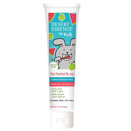 Desert Essence, Green Apple Watermelon Toothpaste Kids Gel, 4.7 oz. - Safe to Swallow, Fluoride Free, SLS Free, Gluten-Free, Vegan, Plant Powered Formula, Great Tasting, Removes Plaque and Buildup