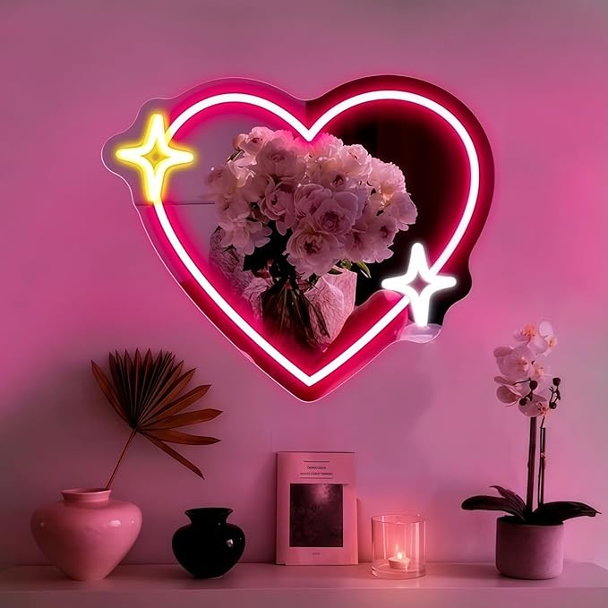 LED Mirror Neon Lights Light Up Dressing Mirror Cat/Shine Heart/Bat/Butterfly Shape Neon Mirror Sign for Modern Home Girl Room Bathroom Salon Wall Art Decor Gift For Girlfriend USB Powered