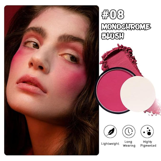 Natural Single Matte for Face Cheeks Blush with Makeup Powder Puff,Bright Red Monochrome Blusher Cream Powder Makeup Palette Blush Long-lasting Color Blendable Foundation for Women Every Day 08