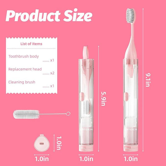 Travel Toothbrush with Built-in Toothpaste Container, Foldable Toothbrush with 2 Soft Brush Head, Portable Reusable Toothbrushes for Business Trips, Camping, Travel Size (Pink)