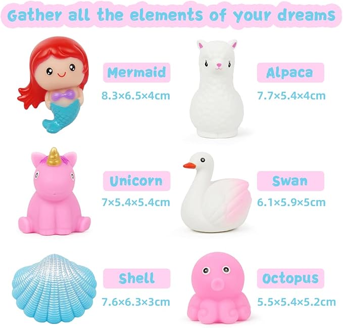 Bath Toys for Toddlers 1-3, No Hole Cute Light Up Bathtub Toys Floating Rubber Sea Animal Set with Flashing Colorful LED Light Unicorn Mermaid for Bathroom Shower Swimming Pool Party for Baby Girl Boy