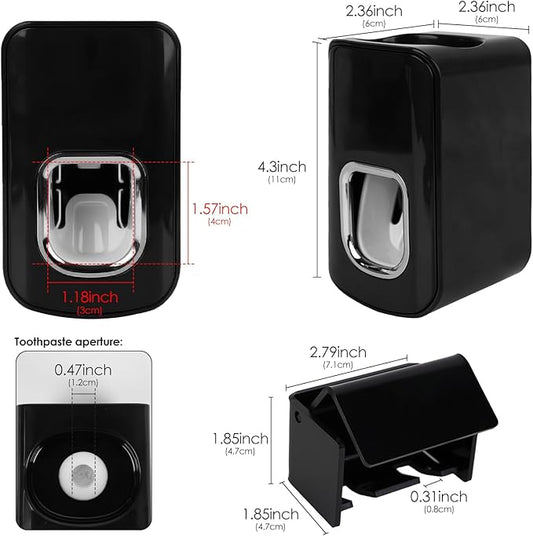 2 Slots Wall Mount Toothbrush Holder with Cover, Self Adhesive Toothbrush Storage Organizer for Shower, Toothbrush Hanger with Automatic Toothpaste Squeezer Dispenser(Black)