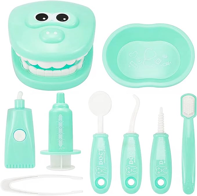 Dental Early Education Brushing Toys, YOUYA DENTAL 9Pcs/Set Children Role Play Toys Crocodile Early Education Cartoon Tooth Brushing Model Preschool Education Toy Dentist Game for Kids Classroom GREEN