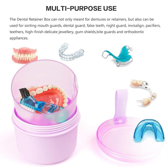 Leak Proof Travel Denture Bath Case for Full Dentures, Denture Cups for Soaking Dentures, Denture Container Cups with Brush for Dentures, Aligner, Retainers, Mouth Guard (Purple)