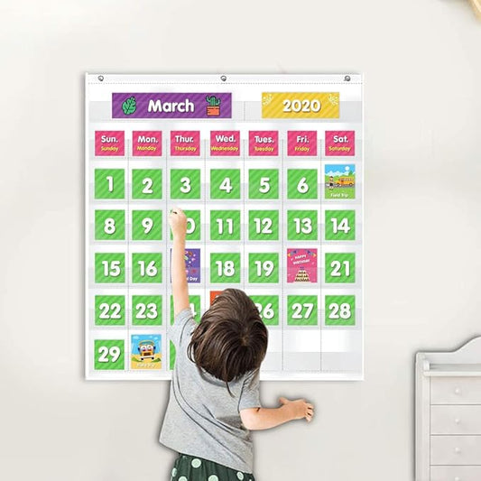Eamay Classroom Monthly Calendar Pocket Chart with 71 Cards for Kids Learning for Home,White