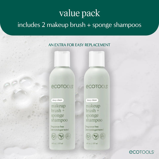 EcoTools Makeup Brush & Sponge Shampoo - Fragrance-Free Cleanser for Brushes, Sponges & Puffs, No Harsh Chemicals, Vegan & Cruelty-Free, 6 fl.oz./ 177 ml, 2 Count