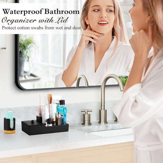 Luxspire Bathroom Counter Organizer - 5 Slot Toothbrush Holder with Lid for Cotton Balls, Q-Tips, Floss - Matte Black