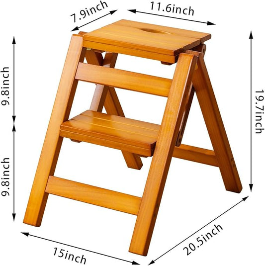 Latifolia Foldable 2 Step Stool, Wooden Step Stool with Floor Saver, Decorative Ladder Shelf for Living Room, Kitchen, Garden(Walnut)
