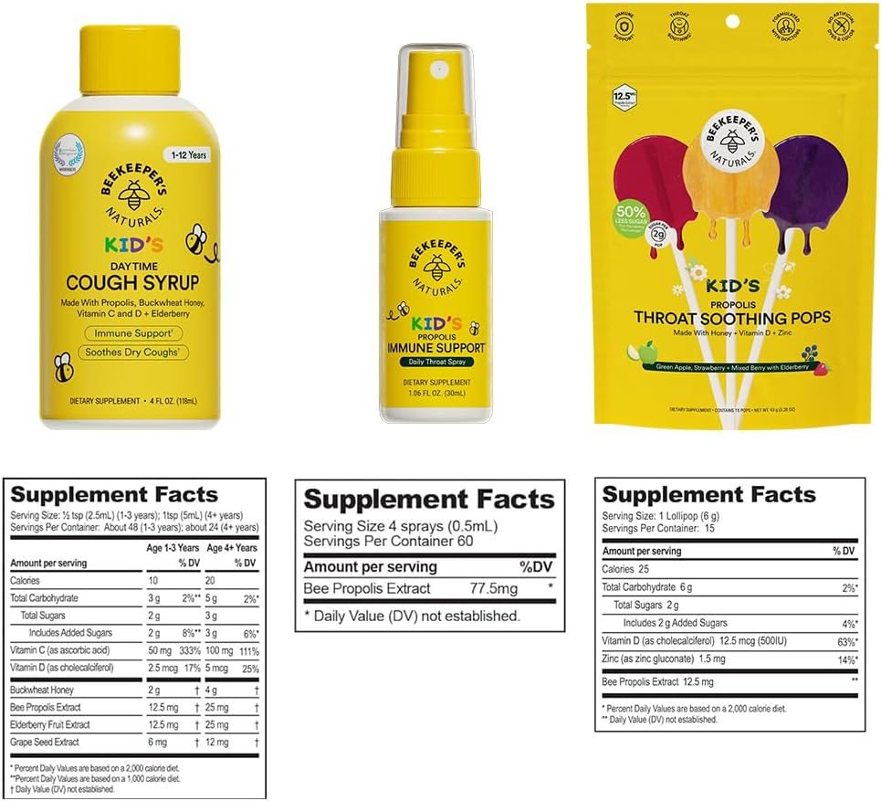 Beekeeper's Naturals Kid's Immune Support Essentials | Kid's Propolis Throat Spray - Propolis Honey Cough Syrup for Kids - Throat Soothing Lollipops | Natural Immune Support - Sore Throat Relief
