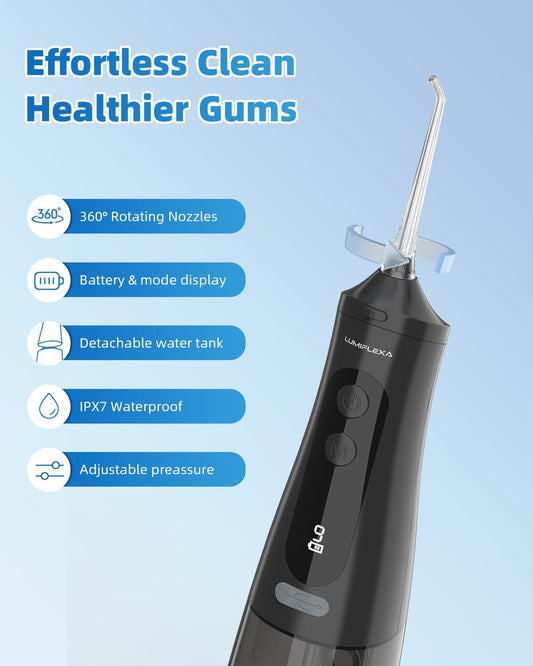 Water Dental Flosser, 300ML Cordless Oral Irrigator Rechargeable Dental Flosser Picks with 9 Levels 5 Jet Tips,IPX7 Waterproof Teeth Cleaner for Braces Gum Care (Black)