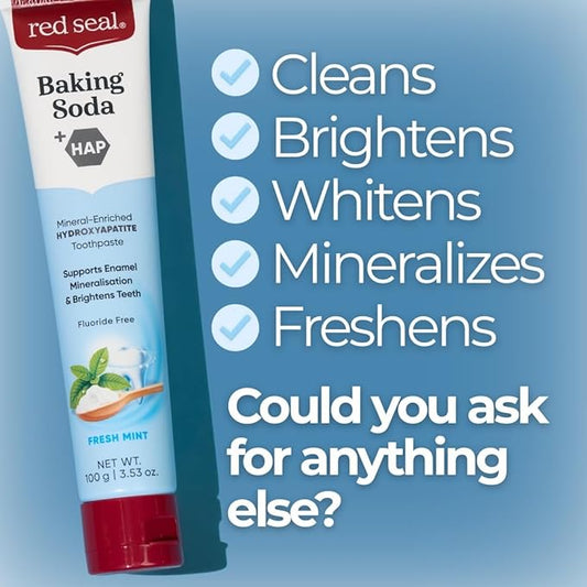 Red Seal Hydroxyapatite Baking Soda Toothpaste – Fluoride Free, NATRUE Certified Natural – Supports Enamel Mineralization and Brightens Teeth Naturally, SLS & Paraben Free, Vegan, Cruelty-Free
