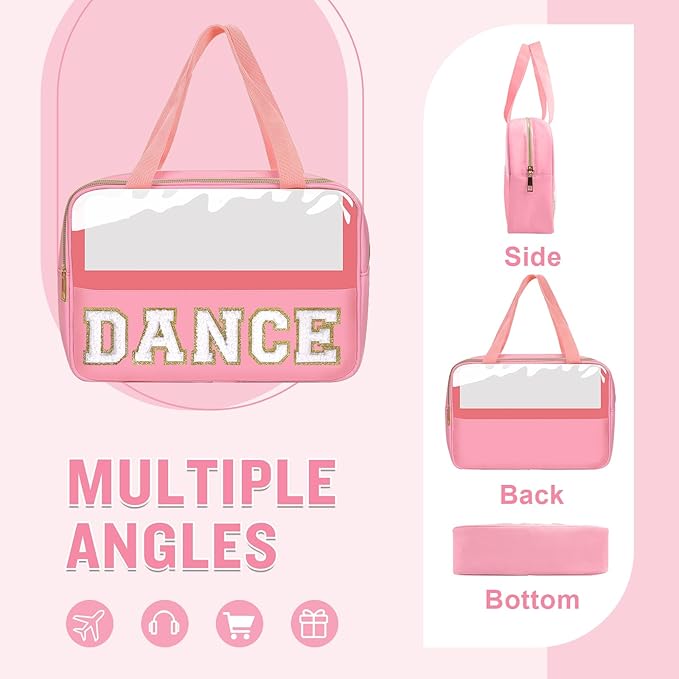 Dance Bag for Girls Chenille Letter Clear Makeup DANCE Stuff Shoe Bag,Toddler Dance Recital Gifts Ballet Cosmetic Zipper with Handle,Dance Competition Accessories Toiletry Storage Women(DANCE-Pink)