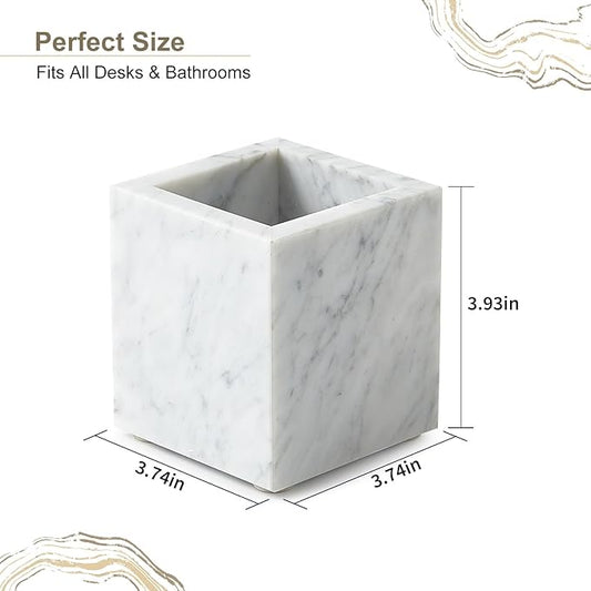 Real Natural Marble Toothbrush Holder & Pen Holder & Makeup Brush Holder, Genuine Stone Rectangular Bathroom Tumbler Cup, Durable Office & Home Countertop Organizer
